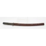 A JAPANESE WAKIZASHI with 14" curved blade, undulating hamon, signed tang, leaf and stork