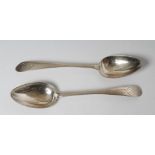 A PAIR OF GEORGIAN IRISH SILVER TABLESPOONS, maker probably Carden Terry, c. 1790, stamped Sterling,