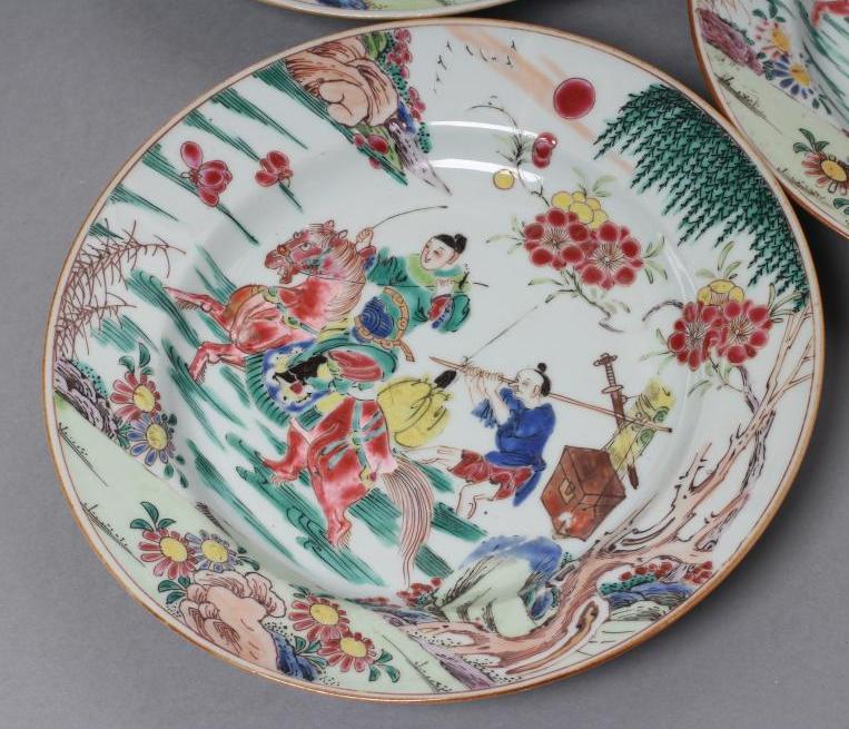 A SET OF THREE CHINESE PORCELAIN FAMILLE ROSE PLATES painted with a horseman fording a stream, his - Image 2 of 6