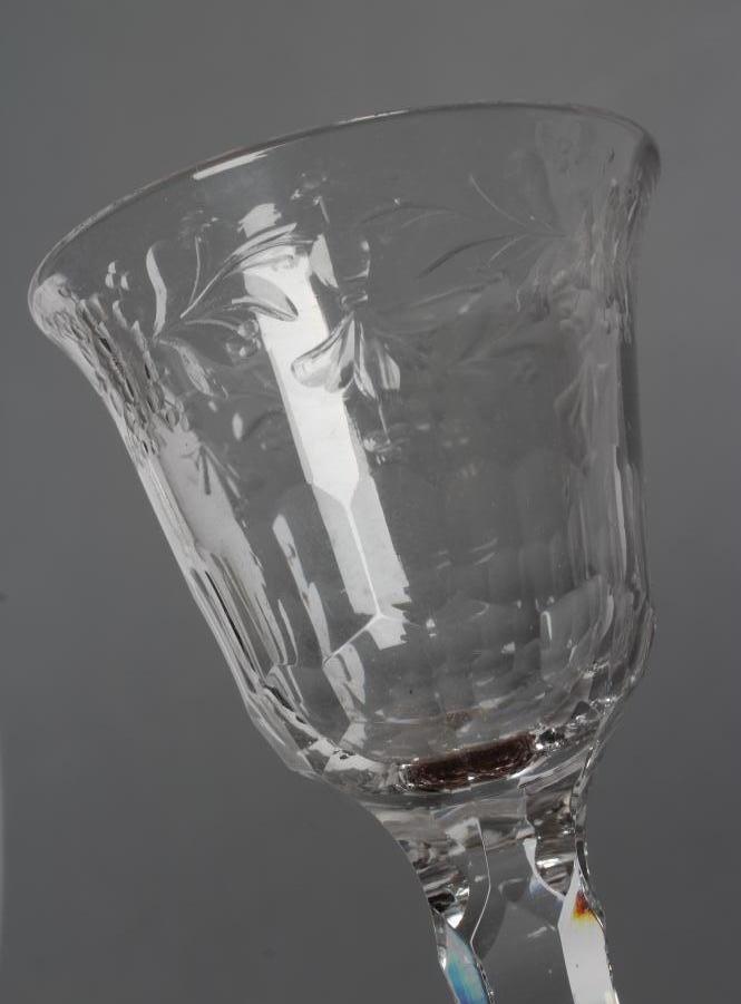 A WINE GLASS, late 18th century, the round funnel bowl with pendant husk and foliate engraved rim, - Image 2 of 4