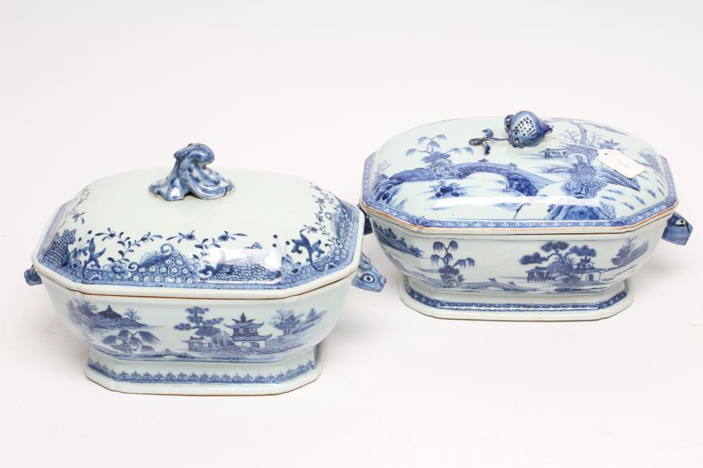 TWO CHINESE EXPORT PORCELAIN TUREENS AND COVERS of canted oblong form, painted in underglaze blue