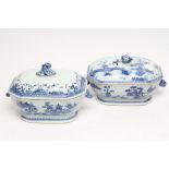 TWO CHINESE EXPORT PORCELAIN TUREENS AND COVERS of canted oblong form, painted in underglaze blue