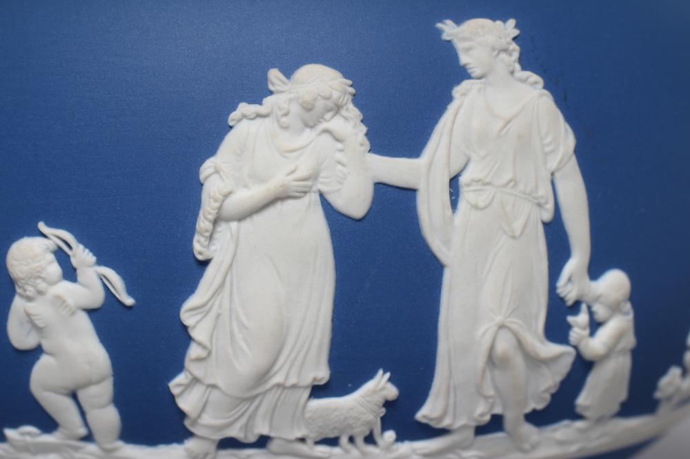 A WEDGWOOD BLUE JASPER TEAPOT AND COVER, modern, with classical figure sprigging, together with a - Image 3 of 10