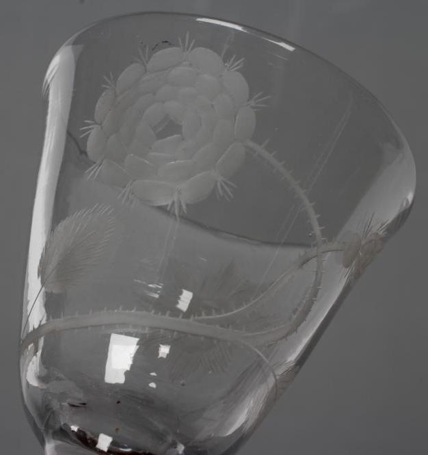 A JACOBITE WINE GLASS, mid 18th century, the round funnel bowl engraved with a rose, bud and a star, - Image 2 of 6