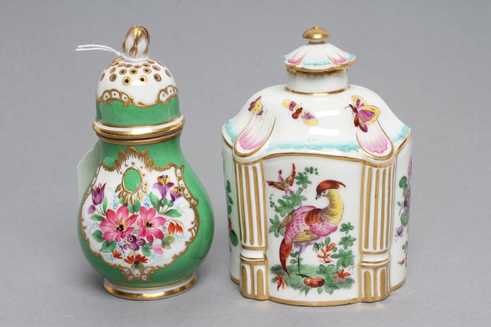 A FRENCH PORCELAIN CASTOR, later 19th century, of baluster form with screw-off cover, painted in