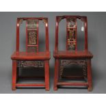 A PAIR OF CHINESE RED LACQUERED CHILDS' CHAIRS, c.1900, with square section uprights and arched