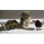 Three small Steiff plush characters, comprising a 4 1/2" hedgehog with felt pads, a 4 1/4"