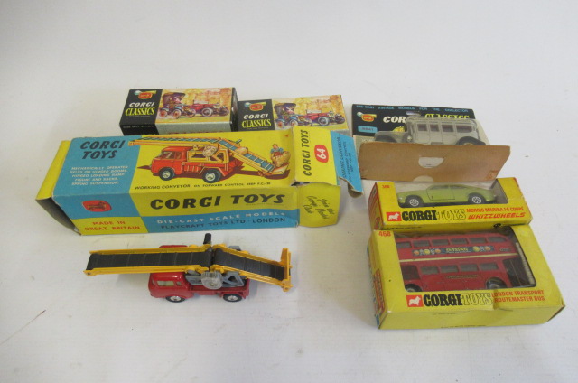 Corgi 64 Jeep Load with Conveyor, 306 Morris Marina, 468 London Bus, 9012 Model T, 9013 Ford and