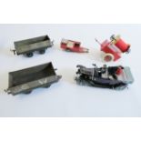 Playworn unboxed tinplate toys including town car, fire hose trailer, two wagons and Minic