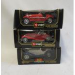 Three Burago 1/18th scale cars comprising an Alfa Romeo 8C, Mercedes 500K and Alfa Romeo 2300, all