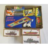 Three Joyo tinplate push-along boats and clockwork toys by various makers, all items boxed (Est.
