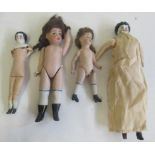Four antique dolls, comprising two china shoulder head dolls, with cloth bodies and bisque lower