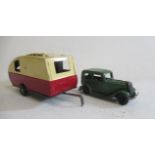 Triang Minic clockwork Ford in green and Minic caravan in red/cream, two hook replaced, F (Est. plus