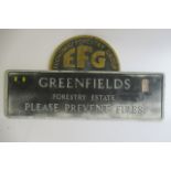 A Green Fields Forestry cast aluminium sign, some age wear, G (Est. plus 21% premium inc. VAT)