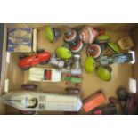 Playworn tinplate vehicles and spinning tops including silver race car, Schuco sports car and