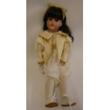 An Armand Marseille bisque socket head doll, with brown glass sleeping eyes, open mouth, teeth,