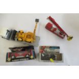 Five diecast vehicles by Corgi, Britains and others including Simon-Snorkel and Flat-bed lorry, P-