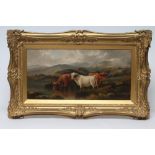 J HENRY (19th century) Highland Cattle Watering, oil on canvas, signed, 10" x 20", swept gilt