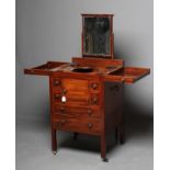 A GEORGIAN MAHOGANY TOILET CHEST, late 18th century, the split hinged top opening to fitted interior