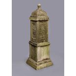 A VICTORIAN SANDSTONE FOUNTAIN of square form, the ogee surmount with ball finial, the sides each