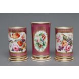 A PAIR OF COALPORT PORCELAIN SPILL VASES, c.1830, of plain cylindrical form, painted in polychrome