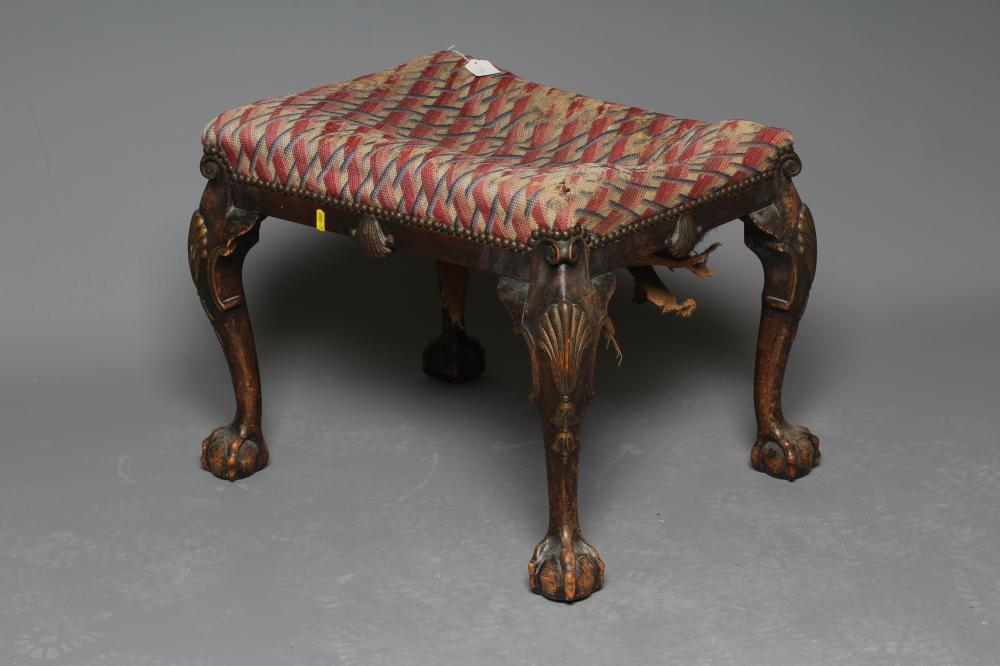 A MAHOGANY AND PARCEL GILT DRESSING STOOL of mid Georgian design, 19th century, the oblong seat