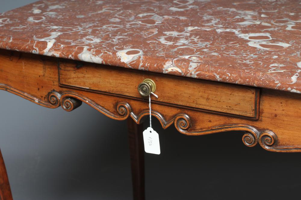 A FRENCH PROVINCIAL WALNUT CENTRE TABLE, 18th century, the oblong rouge royal marble top on scroll - Image 2 of 4