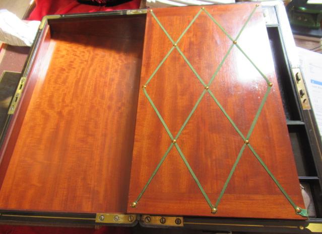 A VICTORIAN MAHOGANY AND BRASS BOUND LAP DESK, the lid inset with brass shield inscribed "Charles - Image 13 of 27