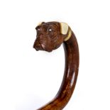 A VICTORIAN WALKING STICK, the boxwood(?) tip carved as a dog's head with glass eyes, ivory ears and