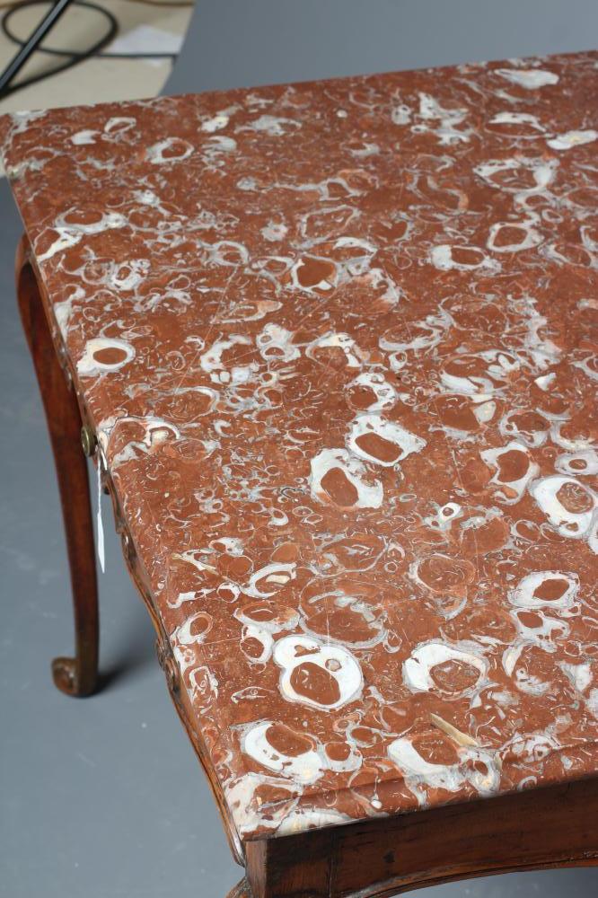 A FRENCH PROVINCIAL WALNUT CENTRE TABLE, 18th century, the oblong rouge royal marble top on scroll - Image 3 of 4