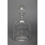 OF ROYAL INTEREST - A Stevens & Williams triangular decanter with crown stopper, engraved to