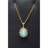 AN OPAL AND DIAMOND CLUSTER PENDANT, the oval cabochon polished opal claw set to a border of small