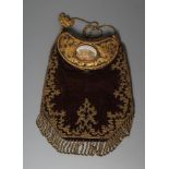 A FRENCH BROWN VELVET EVENING BAG, purchased from the 1st Paris Exhibition, with gilt metal beadwork