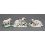 A DERBY PORCELAIN RAM AND EWE, c.1760, each modelled recumbent on a flower encrusted shaped base,