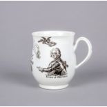 A FIRST PERIOD WORCESTER PORCELAIN BELL SHAPED MUG, c.1755, on-glaze printed in black after