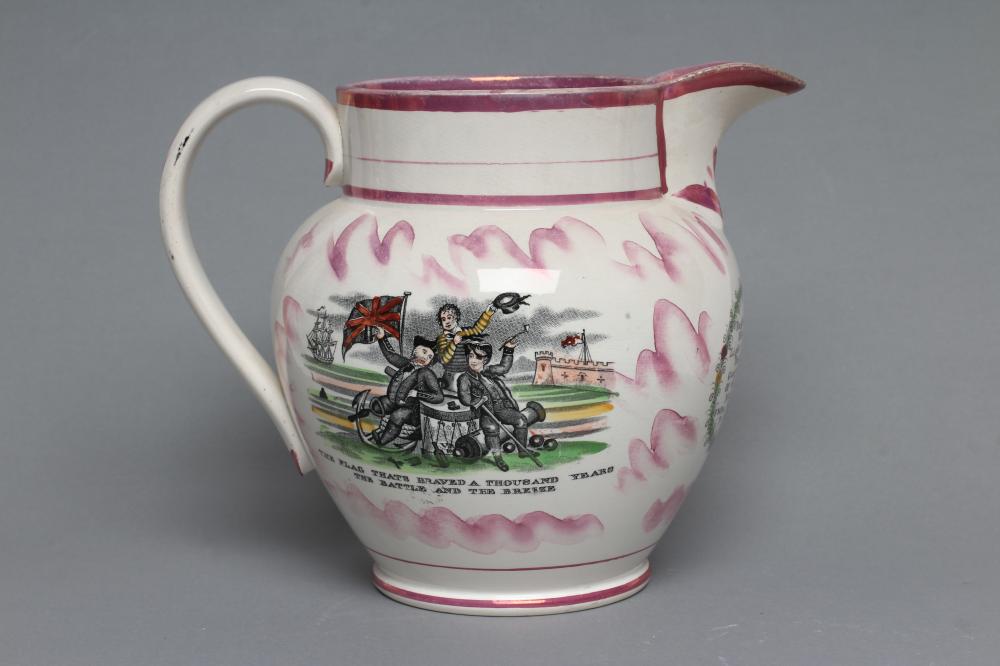 A SUNDERLAND PINK LUSTRE POTTERY DUTCH JUG, c.1796, printed in black with "West View of the Cast