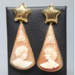 A PAIR OF SHELL CAMEO DROP EARRINGS, the rounded triangular panels each carved with a lady's head