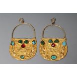 A PAIR OF LARGE CHANDELIER EAR HOOPS of D form, collet set with turquoise, malachite and a ruby(?)