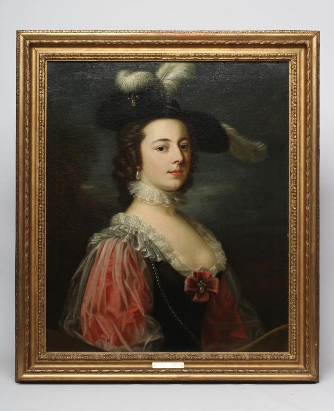 ATTRIBUTED TO THOMAS HUDSON (1701-1779) Portrait of Lady Bletchey in a Plumed Hat, half length,