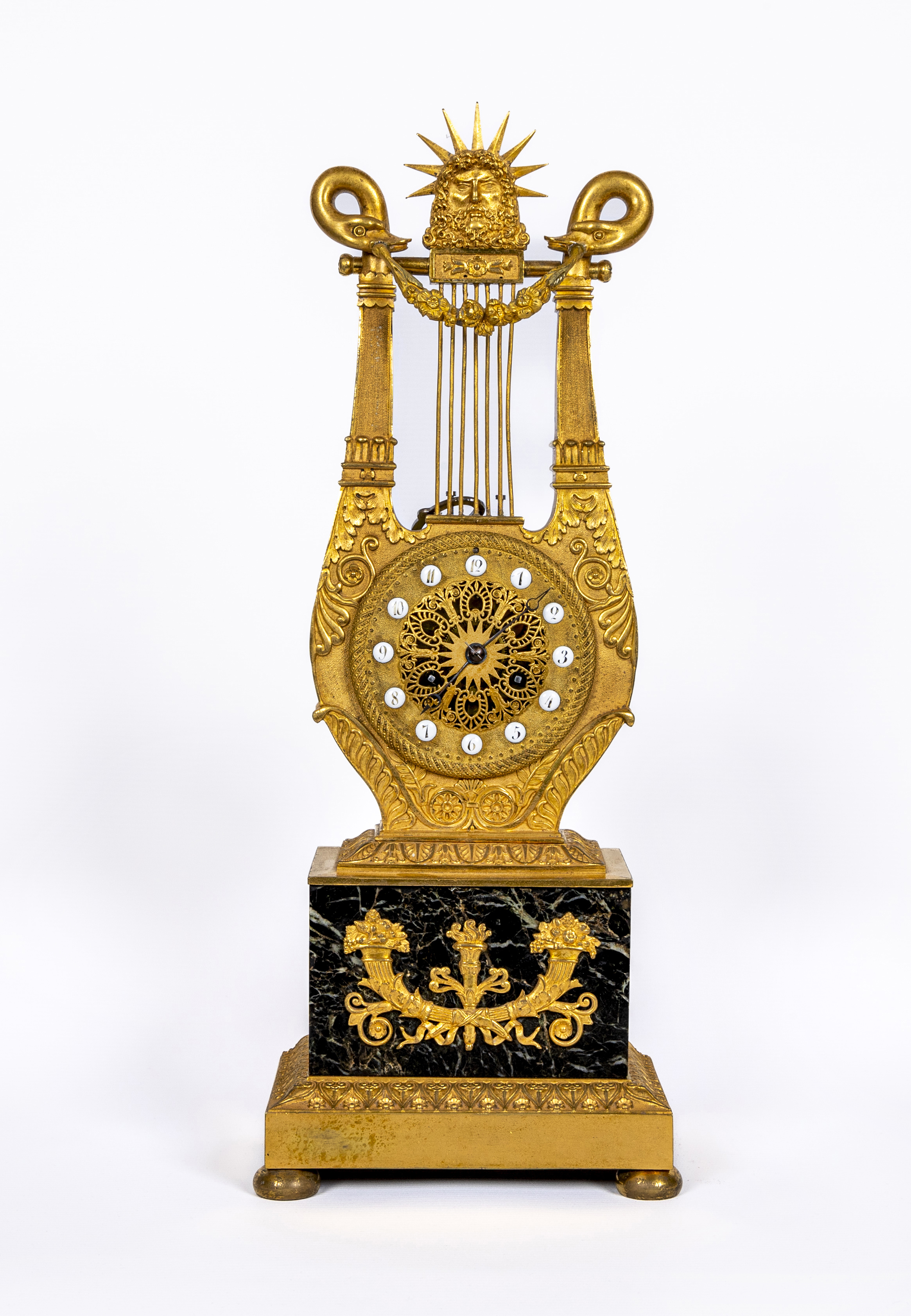 A LOUIS XVI STYLE GILT METAL LYRE MANTEL CLOCK, mid 19th century, the twin barrel movement with