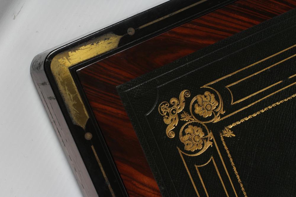 A VICTORIAN MAHOGANY AND BRASS BOUND LAP DESK, the lid inset with brass shield inscribed "Charles - Image 7 of 27