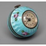 A LADY'S SILVER AND ENAMEL PENDANT BALL WATCH, the silvered dial with black Arabic numerals, the
