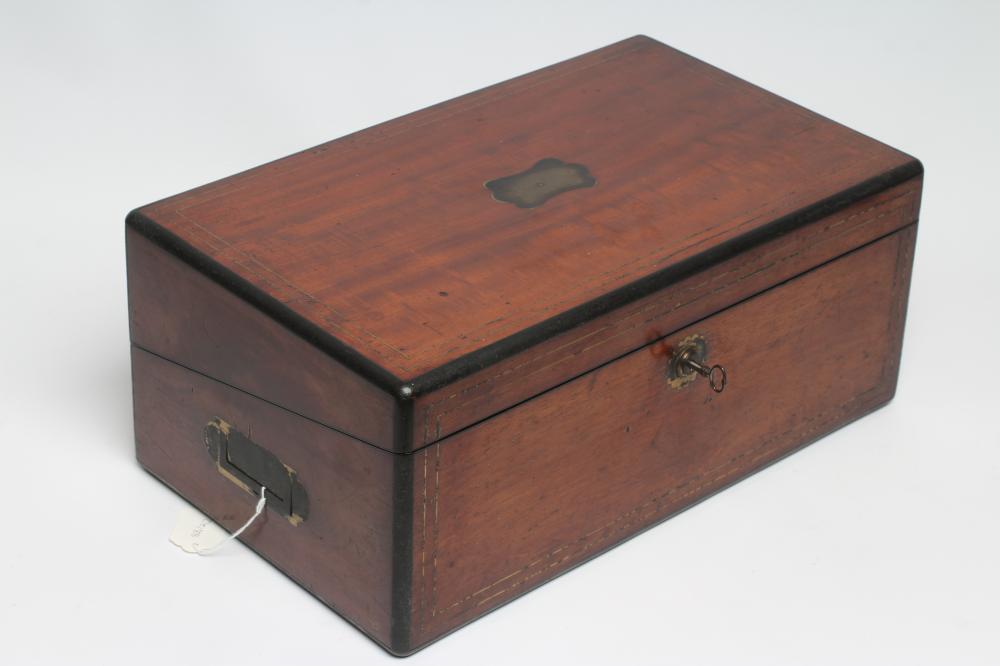 A VICTORIAN MAHOGANY AND BRASS BOUND LAP DESK, the lid inset with brass shield inscribed "Charles - Image 11 of 27