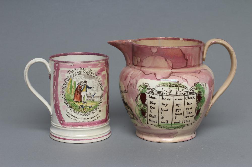 A SUNDERLAND PINK SPLASH LUSTRE POTTERY DUTCH JUG, c.1800, printed in black with the "Landlord's