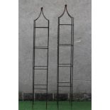 A PAIR OF WROUGHT IRON PLANT OBELISKS of square form, the pyramidal top with ball finial, rust