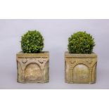 A MATCHED PAIR OF GOTHIC SANDSTONE JARDINIERES of square form with moulded rim, the arcaded sides