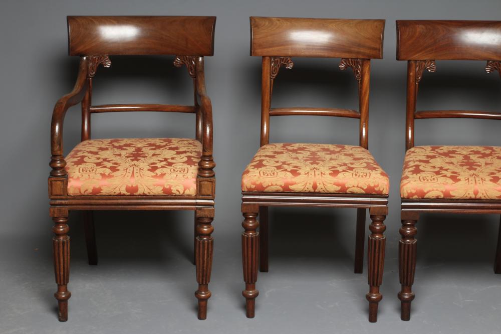 A SET OF EIGHT WILLIAM IV MAHOGANY DINING CHAIRS, including an elbow chair, the open back with