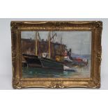 FLORENCE ARMES HOSMER (American 1880-1978) Harbour Scene with Fishing Boats, oil on panel, signed,