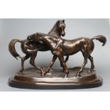 AFTER PIERRE-JULES MENE (French 1810-1879) bronze group of two horses, 20th century, unsigned, brown