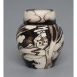 A MOORCROFT POTTERY SMALL JAR AND COVER, 2017, of ovoid form, tubelined and painted in shades of